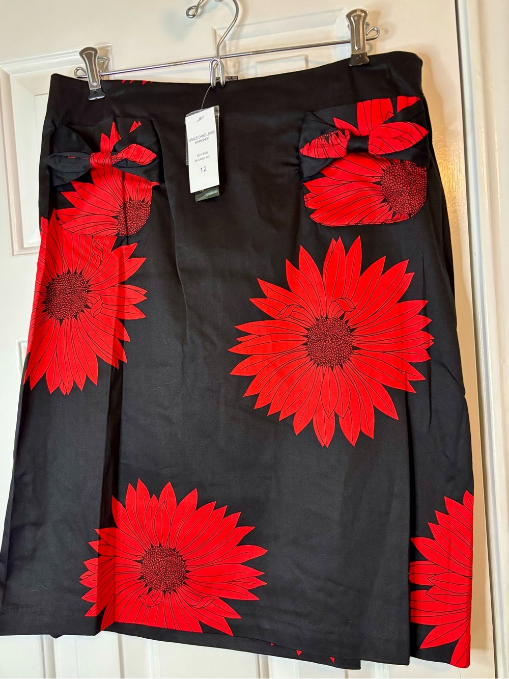 Black A-Line Skirt with Red Floral Accents